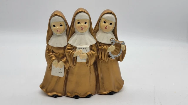 Vtg 3 Gold Nun Figurines Ceramic Bisque Wind Up Music Box Plays Dominique Japan