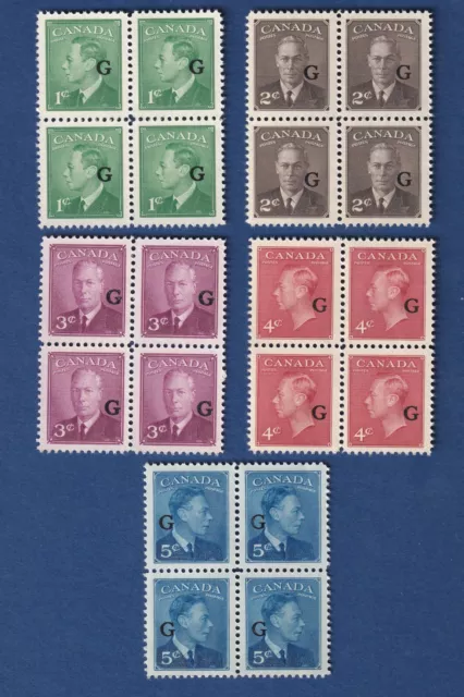 Canada stamps O16-O20 KGVl "G" over print blocks of 4 VF/mnh