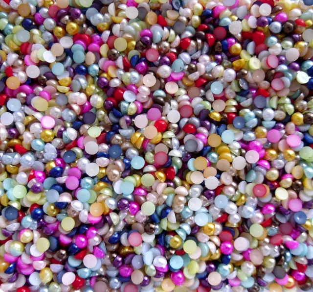 300pcs x 3D Nail Art Mixed Colours '4mm Round Pearls' Flat Back Gems Craft Mix