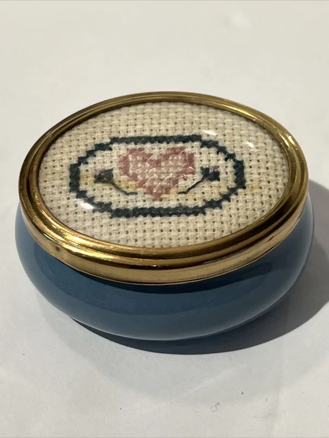 Vintage Framecraft Porcelain Trinket Box Embroidered Cross Stitch Lid 2x1.5 Done