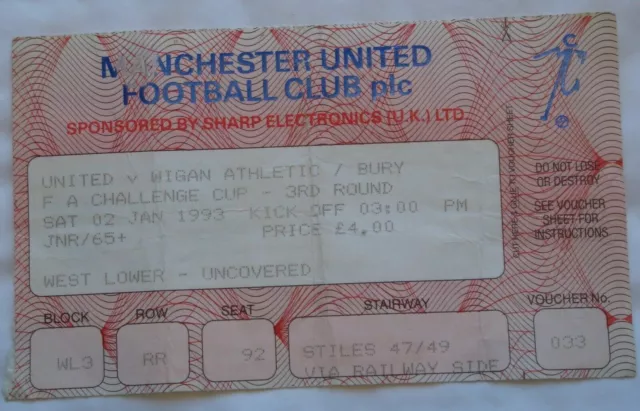 FA CUP TICKET 02/01/1993 Manchester United v Wigan Athletic Or Bury