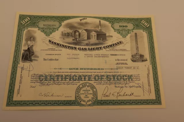 Washington Gas Light Co. Certificate of Stock $100 c.1978