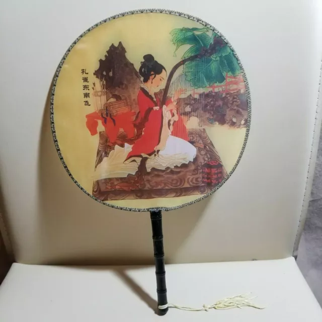 Vtg Asian Japanese Geisha Stretched Silk Screen Round Paddle Fans Group Lot Of 3