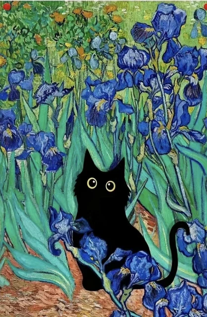 🐈‍⬛ Van Gogh's Blue Irises Canvas Wall Art. Funny Black Cat.   Must L@@k❤️
