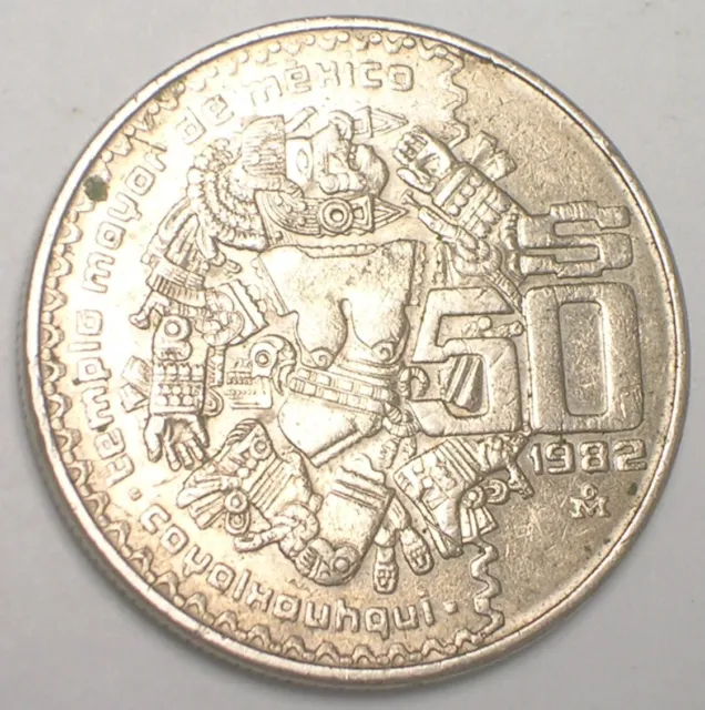 1982 Mexico Mexican 50 Pesos Coyolxauhqui Eagle Coin VF+ Debris