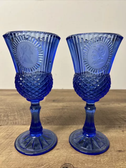 VTG Fostoria Avon Goblets Stem Cobalt Blue George & Martha Washington 1976