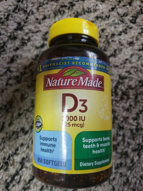 Nature Made Vitamin D3 ~ 1000IU ~ 25 mcg ~ 650 Soft Gels ~ Exp.06/2025. Bin K Nature Made Vitamin D3 ~ 1000IU ~ 25 mcg ~ 650 Soft Gels ~ Exp.06/2025. Bin K