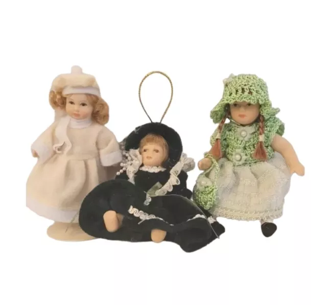 3 Vintage Mini Porcelain Bisque Fashion Dolls With Stands