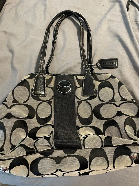 Coach F1173-F17424 Striped Signature Black Kiss Lock Carryall Tote Purse