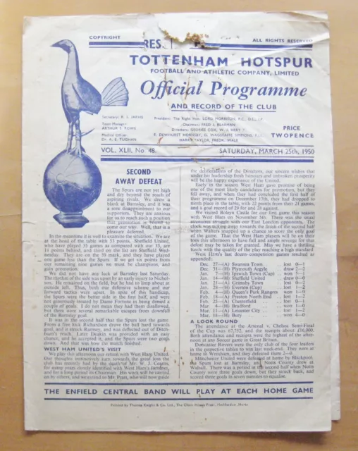 TOTTENHAM HOTSPUR v WEST HAM UNITED 1949/1950 Football Programme