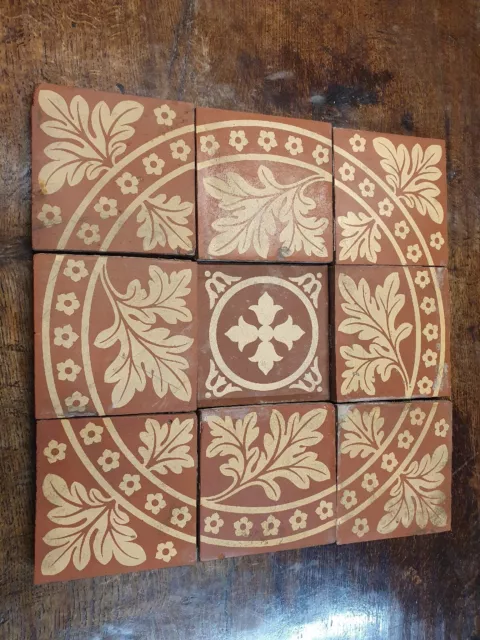 Antique Minton & Co Encaustic Floor Tile C1860 Set of 9 tiles original.
