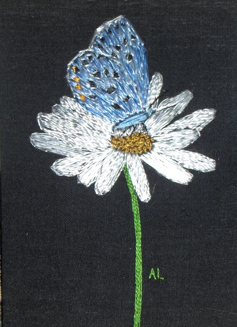ACEO Original ""Blauer Schmetterling und Gänseblümchen"" Handstickerei - ein Lobban