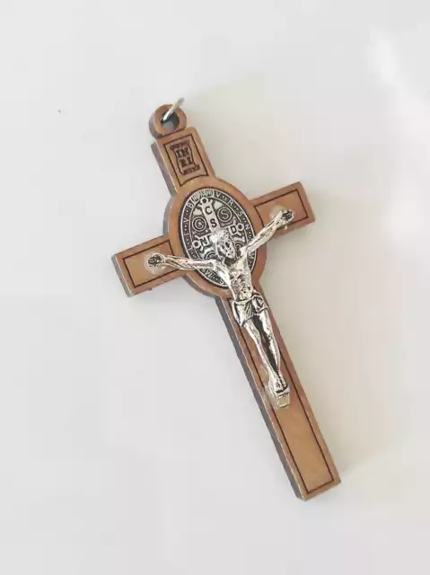 St Saint Benedict Crucifix Cross Olive Wood Catholic Pendant Necklace 3.35 inc 3