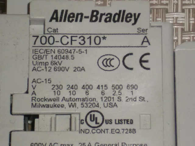 Neuf ! Allen Bradley 700S-CF620KJBC Contacteur 24 Vdc Bobine 700-CF310 100S-F 3