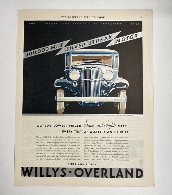 1932 Willys Overland Pre Jeep Silver Anniversary Automobile Print Ad