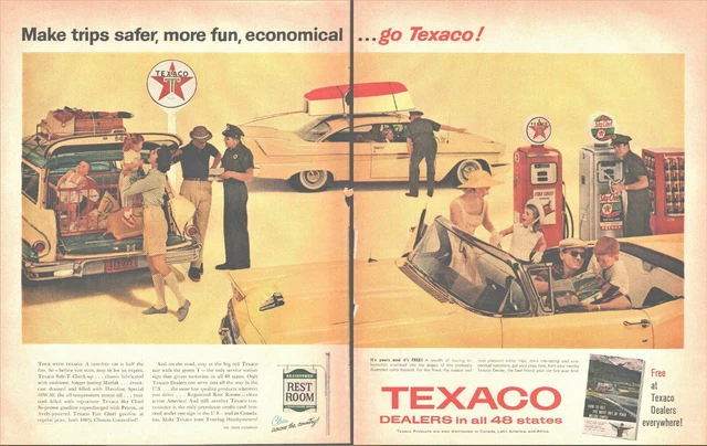 1958 Texaco Vintage Print Ad TWO PAGES Safe T Check Up Road Trip Gasoline