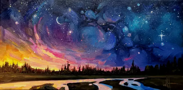 Large Oil Painting Hawkins Night Sky Moon Landscape Canvas Art Signed Original