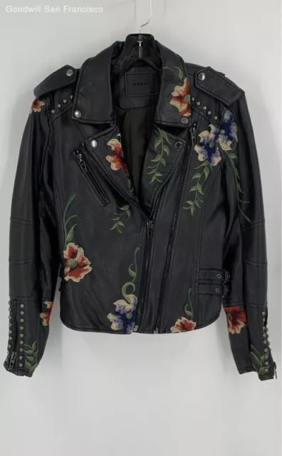 BLANKNYC Womens Black Floral Faux Leather Studded Full Zip Motorcycle Jacket S