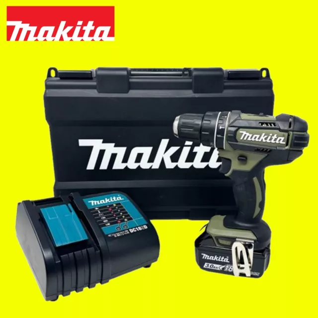 Makita DHP482SFO 18V LXT Olive Combi Drill 1x BL1830B Battery Charger & Case