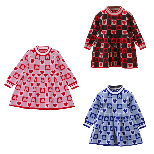 Toddler Girls Knit Sweater Dress Heart Printed Dresses Spring Winter Warm Outfit