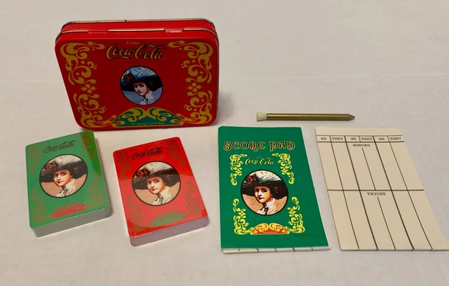 Vtg Coca Cola playing card set 2 Sealed Decks and Pencil Score pads Tin 4x5 inch