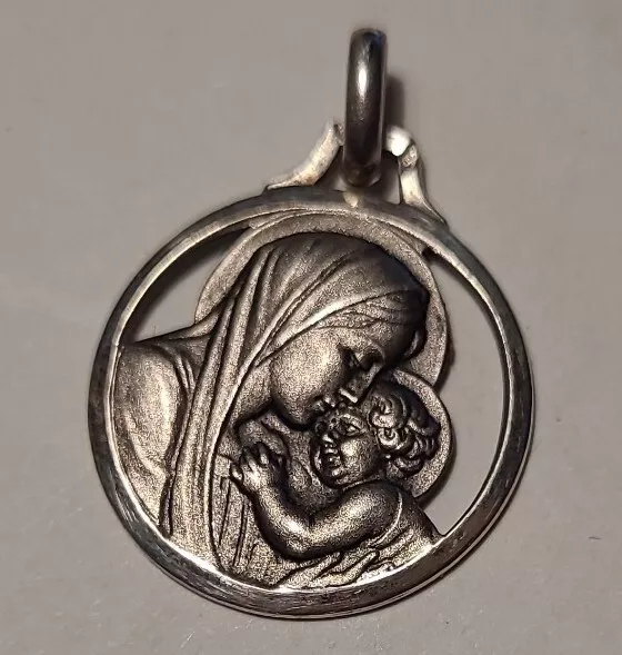 Ancien Bijou Médaille Pendentif Argent Massif La Vierge Et L'enfant Jesus # K26