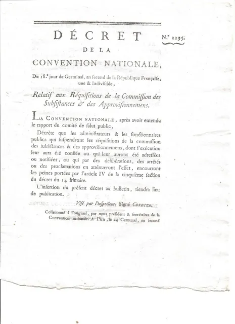 DECRET DE LA CONV.NATIONALE/ an 2/ Réquisitions de la Commission des Subsistance