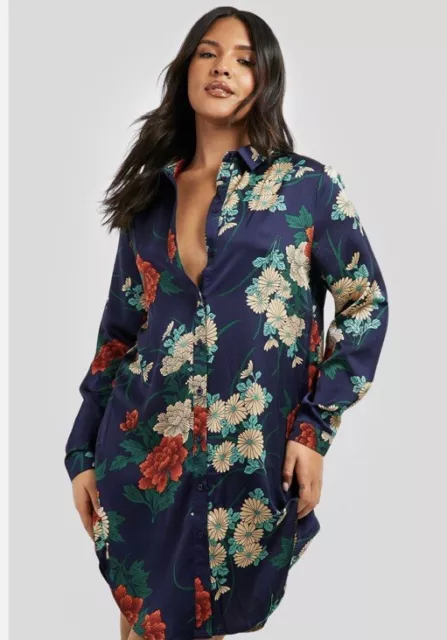 BOOHOO Dress Size 14 Satin Longline Button Up Shirt Floral Dress