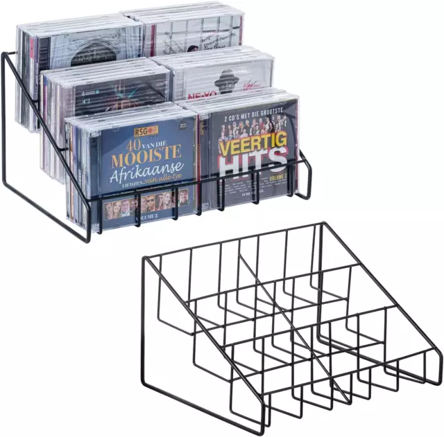 Tabletop 3-Tier Black Metal CD Storage Stand, Media Organizer Rack, Set of 2