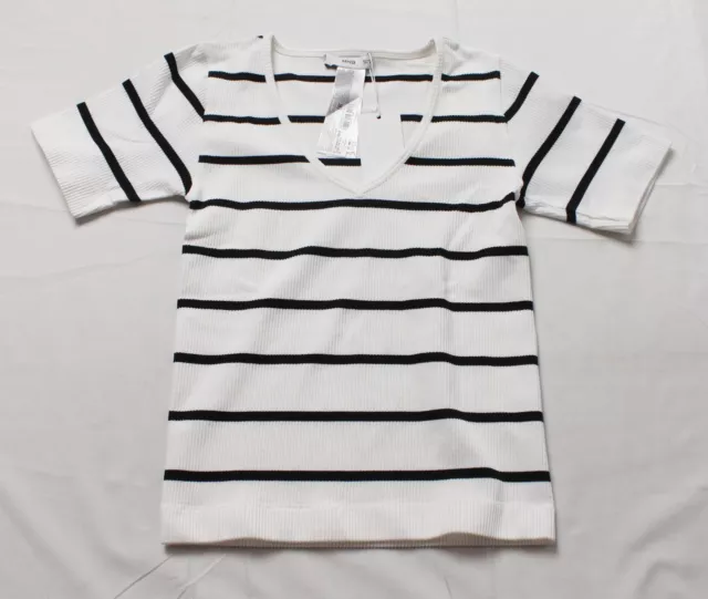 Mango Women's Seamless Ribbed-Knit Striped V-Neck T-Shirt DP3 White Medium NWT