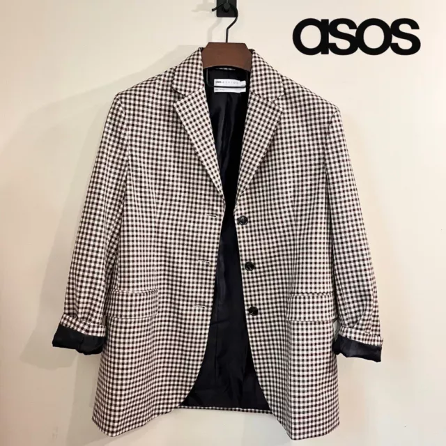 NWOT ASOS Women’s Boy Blazer 6 Beige Check $65 Oversized Long Line Neutral