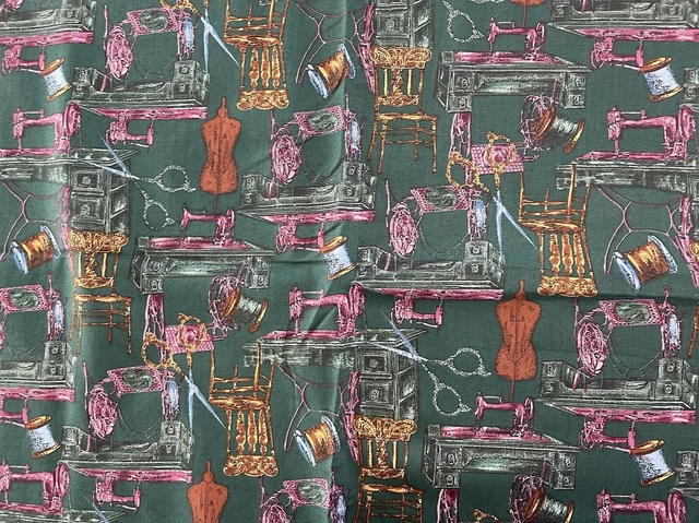 VTG Green Dressmaker Print Fabric Treadle Sewing Machine Mannequin Form 1Ydx44”W
