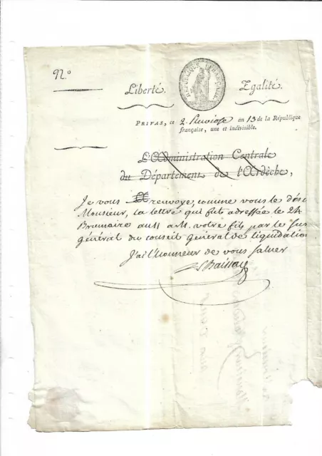 Circa 1800. An XII. Lettre. En-Tête. Privas. Ardèche. Administration Centrale.