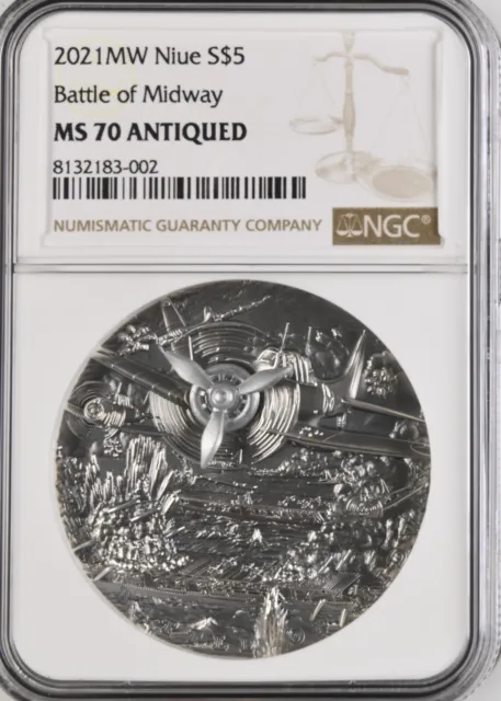 2021 Niue Sea Battles The Battle of Midway 2oz Silver NGC MS70 Antiqued