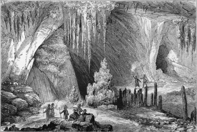 GREECE - INTERIOR VIEW OF THE CAVE OF ANTIPAROS (CYCLADES) - 19th century engraving