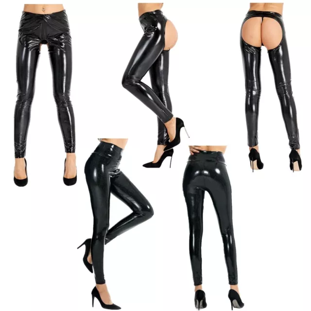 Women Sexy Open Crotch and Butt Pants Girls Faux Leather High Waisted Leggings