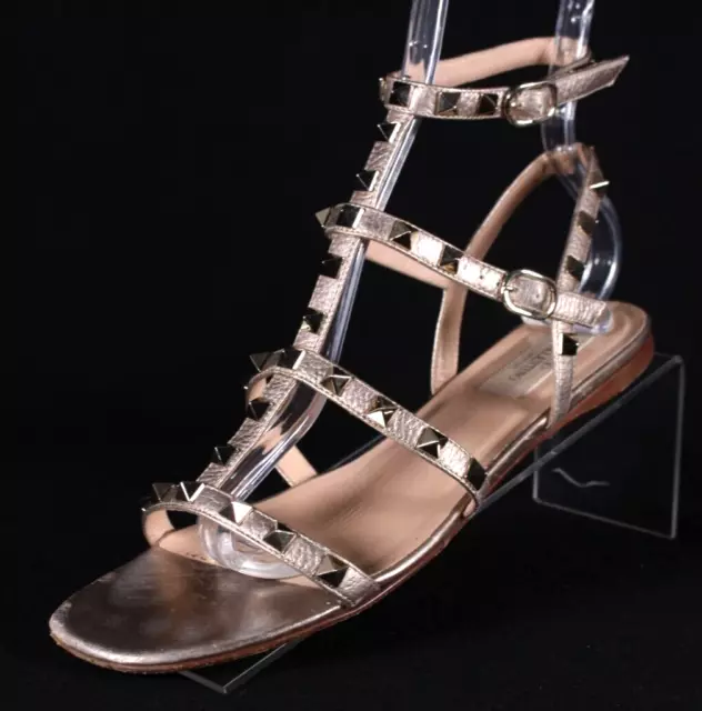 VALENTINO Metallic Gold Leather ROCKSTUD Buckled Cage Strappy Flat Sandals 39