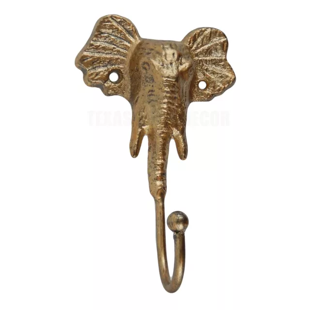 Elephant Wall Hook Cast Iron Metal Key Towel Coat Hanger Gold Finish 6 inch Tall