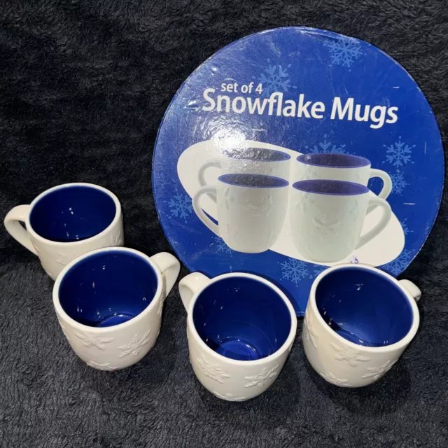 PAI Christmas Snowflake Mugs 4 Set W/Box  White & Cobalt Blue Oversized