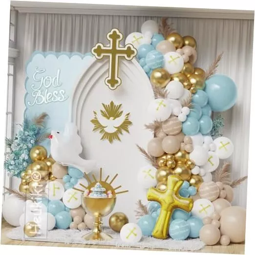 First Communion Balloon Garland Arch Kit for Boys God Bless Dusty Blue
