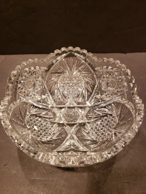8" Bowl American Brilliant Period Cut glass Crystal Hobstars & "HEART" wreath