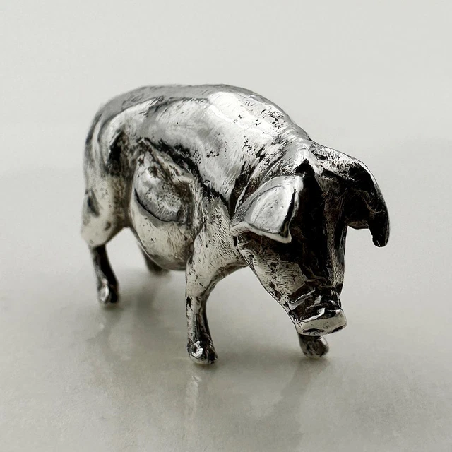 Figura Maiale Novità Vintage Argento Sterling Londra 1978 Lunga 3,5 Cm