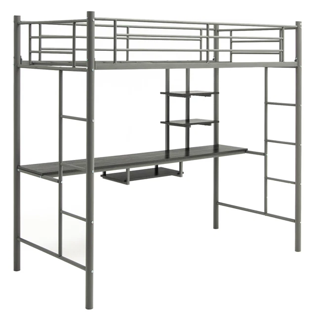 3.5FT SINGLE METAL Loft Bed Frame High Sleeper Bunk Bed W/ Desk Storage ...