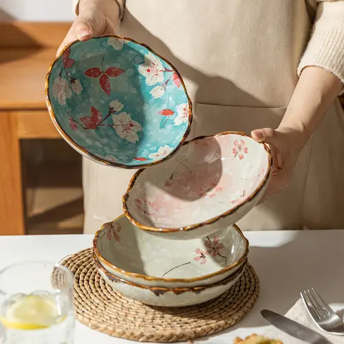 7.5inch Japanese Flowers Salad Bowl Ceramic Heat Resistant Noodle Soup  Bowl