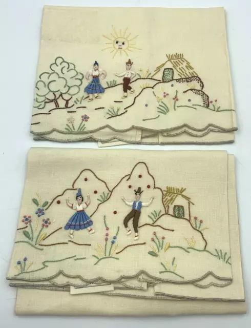 Madeira Hand Fingertip Towels Figures Scenic Pair Hand Embroidery 14x20