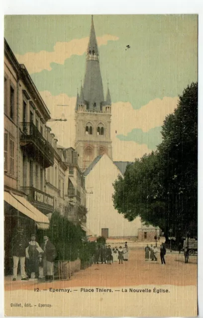 EPERNAY - Marne - CPA 51 - Carte toilée couleur Place Thiers la nouvelle église