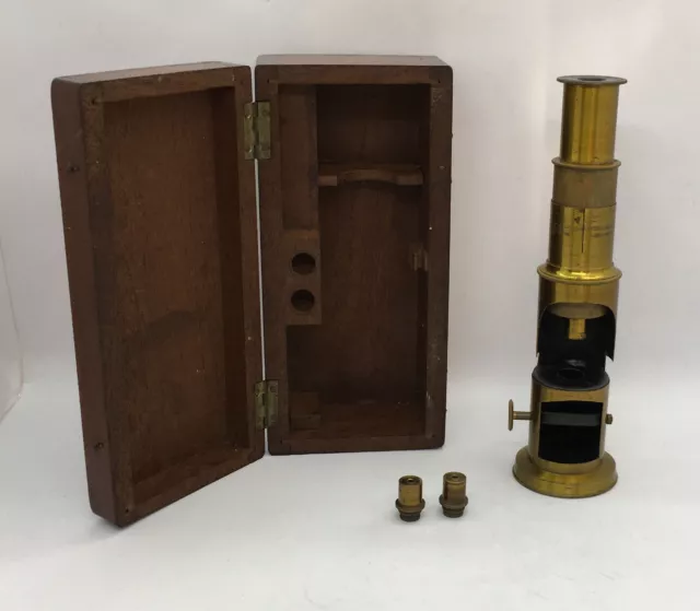 Rare vintage BRASS microscope / Full set + wooden box