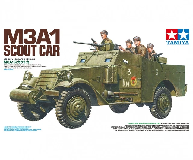 TAMIYA 35363 – 1/35 US M3A1 Scout Car – Kit Plastique à Coller – 5 Figurines Armée Rouge – 3 Versions De Montage