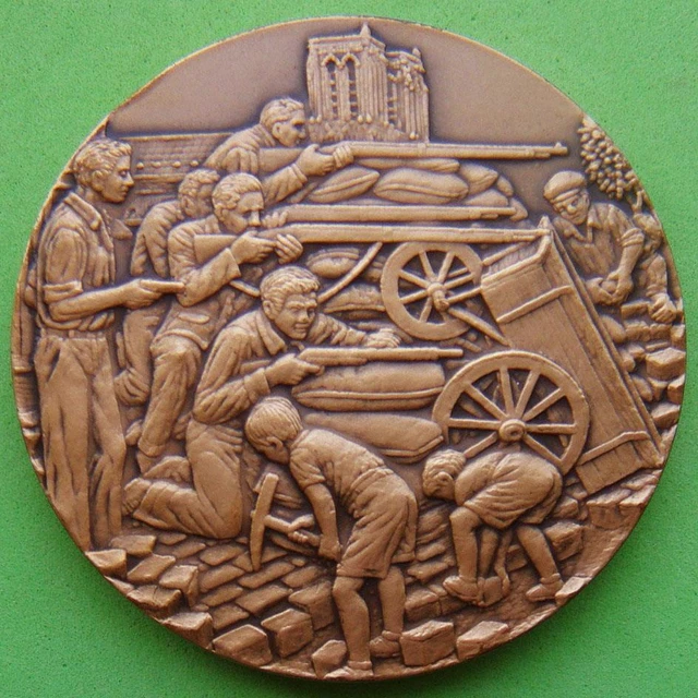 War Barricade Men with Guns Children Paving Blocks Bronze Medal by J BALME!