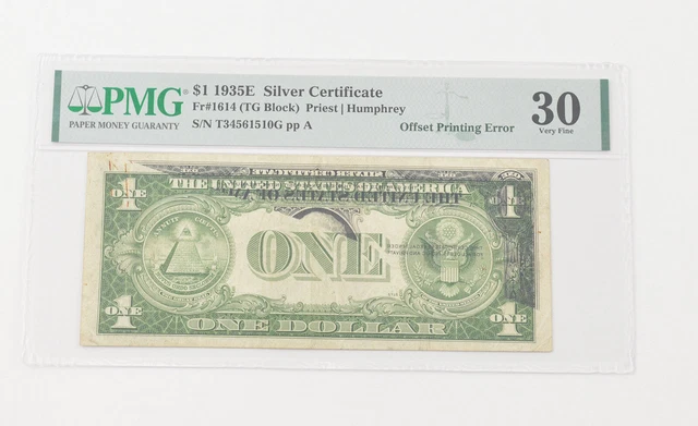 VF30 1935-E $1 Silver Certificate - FR#1614 (TG Block) Printing Error PMG *6560